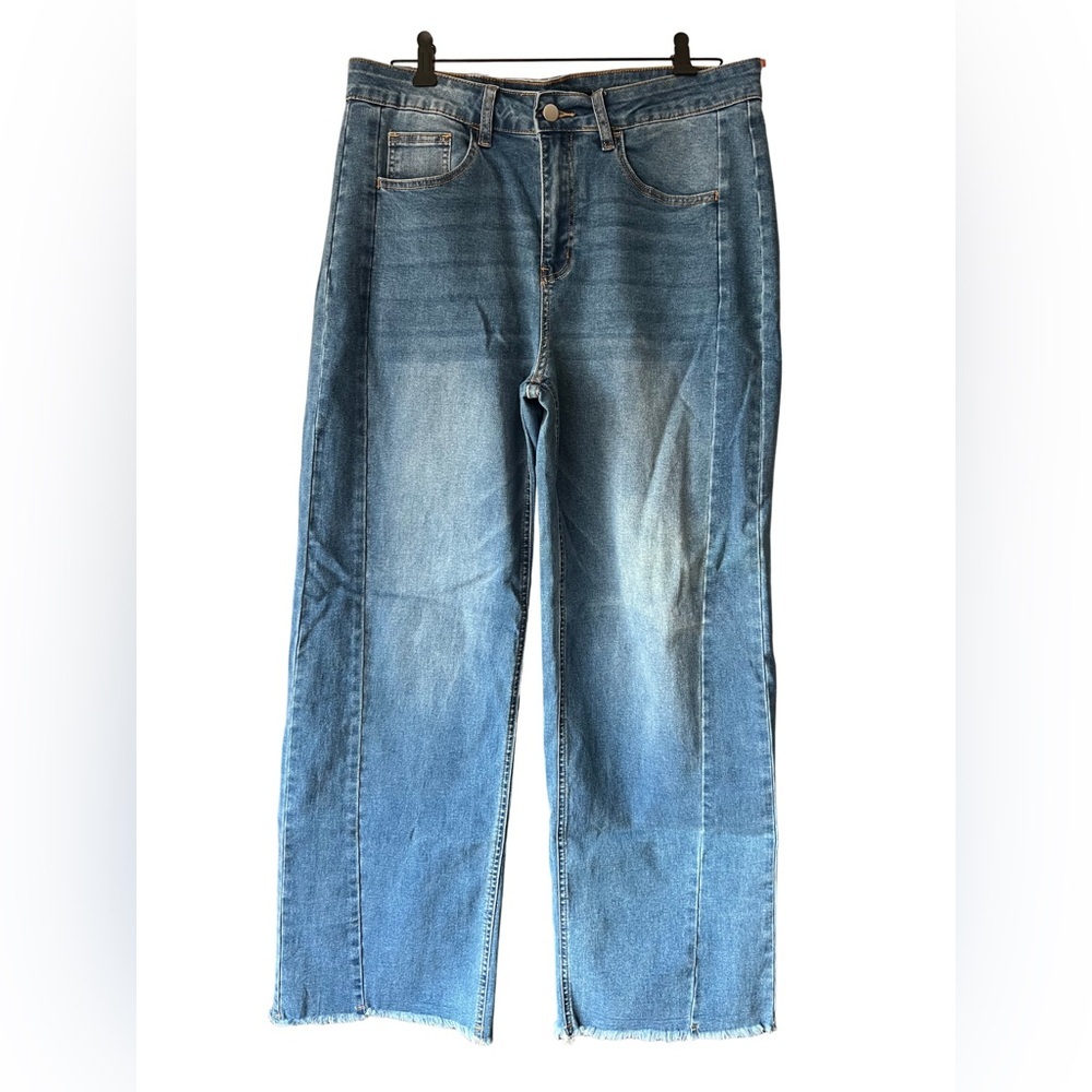 Wide Leg Barrel Jeans Medium Wash Raw Hem - Picture 2 of 7